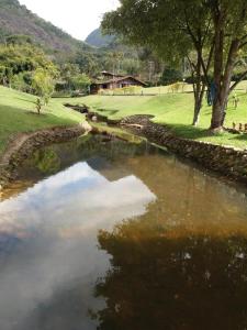 une rivière avec un pont en pierre dans un parc dans l'établissement Canto da serrinha, à Teresópolis