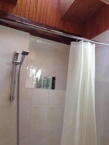 Una ducha con una cortina de ducha blanca en un baño. en Daukanto Apartments, en Vilna 15 fotos más