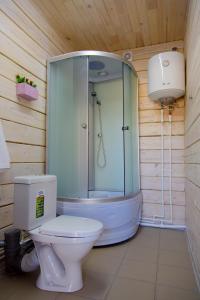 a bathroom with a shower and a toilet in it at Хотэй in Khuzhir