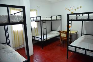 希克杜沃Lucky Beach Front Hostel的客房设有四张双层床和一张桌子。