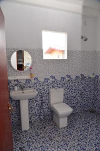 a bathroom with a toilet and a sink and a mirror at Lucky Beach Front Hostel in Hikkaduwa