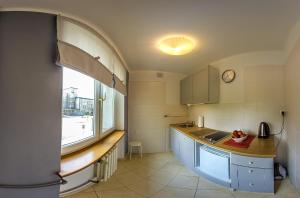 une cuisine avec un comptoir, un évier et une fenêtre dans l'établissement Batory Apartament, à Chorzów