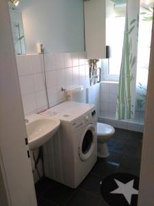 y baño con lavadora y lavamanos. en Ferienwohnung Duderstadt, en Duderstadt