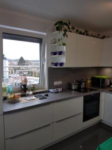 a kitchen with white cabinets and a window at Apartment near Frankfurt, fantastic view! in Usingen