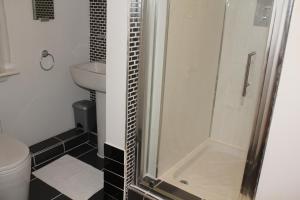 een badkamer met een douche, een toilet en een wastafel bij Nelson Seaside Apartment in Largs