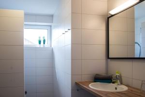 a bathroom with a sink and a mirror at Ferienhäuser im Ferienhausgebiet Hof Beel in Oberlangen +25 photos