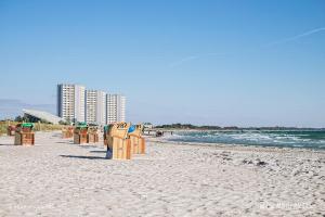 a beach with a row of beach chairs on the sand at Südstrandflair in Fehmarn