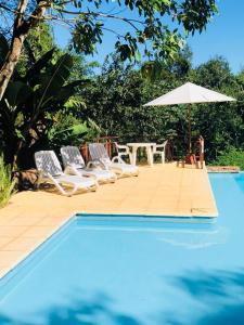 a pool with chairs and a table and an umbrella at Raices Amambai Lodges in Puerto Iguazú