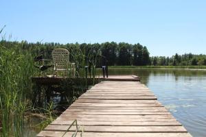 une station d'accueil en bois avec une chaise assise au sommet d'un lac dans l'établissement Domek Zalesie, à Barczewo