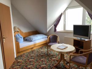 a small room with a bed and a table and a television at Pension Preussenstraße Leipzig in Leipzig