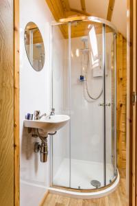 uma casa de banho com um chuveiro e um lavatório. em Mains Farm em Stirling
