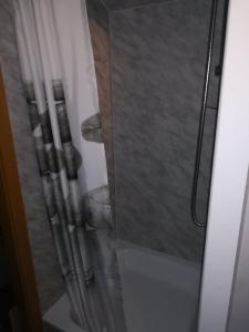 um chuveiro com uma porta de vidro ao lado de uma casa de banho em casa Martinez em Rollesbroich
