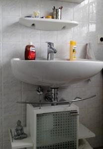 a bathroom with a sink and a shelf under it at Ruhiges Zimmer direkt an den Leineauen in Hemmingen