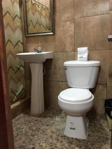 a bathroom with a toilet and a sink at Hotel El Reformador in Puerto Barrios
