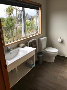 a bathroom with a sink and a toilet and a window at Jade Court Motel in Hokitika