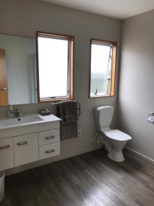 a bathroom with a sink and a toilet and two windows at Jade Court Motel in Hokitika