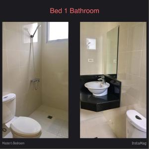 two pictures of a bathroom with a toilet and a sink at Resorts World Condo in Manila