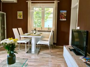 a dining room with a table and chairs and a television at Apartments Terme Ptuj in Ptuj