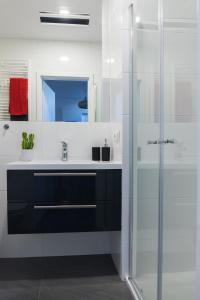 ワルシャワにある3V Apartmentsのバスルーム(洗面台、ガラス張りのシャワー付)