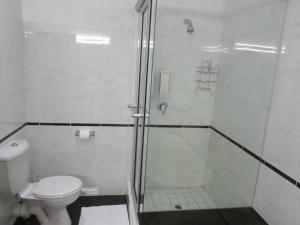 a bathroom with a shower and a toilet at The Links Guest House in Pretoria