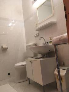 a bathroom with a sink and a toilet and a mirror at Terézia Vendégház in Tihany