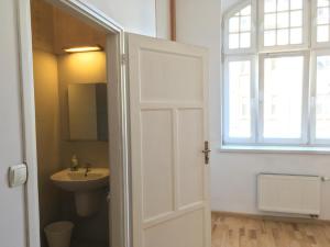 カトヴィツェにあるWażne Miejsce Apartmentのバスルーム(白いドア、シンク付)