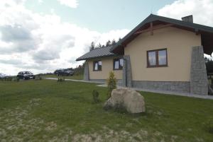 ein Haus mit einem Stein im Gras in der Unterkunft domek w Krynicy Zdroju in Krynica-Zdrój