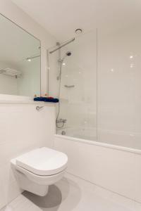 a white bathroom with a toilet and a shower at Exclusive Dublin City Penthouse in Dublin