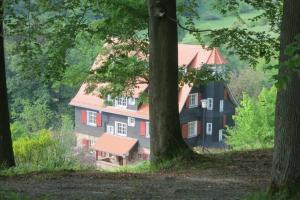 ein großes Haus mit rotem Dach im Wald in der Unterkunft Wildbach Appartement in Ober-Hambach