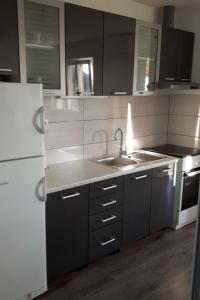 a kitchen with a sink and a white refrigerator at Korak Do Mora in Murvica +47 photos