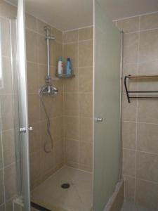 a shower with a glass door in a bathroom at Didi Guest House in Bet Sheʼan