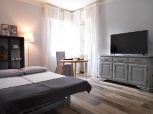 um quarto com uma cama e uma televisão de ecrã plano em GINEVRA'S COUNTRY HOME em Due Carrare