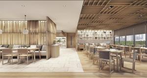 Una representación de un restaurante con mesas y sillas. en Alix Bangkok Hotel, en Bangkok