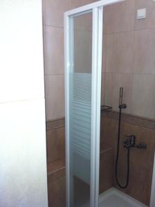 a shower with a glass door in a bathroom at Gaia Serifos Apartments in Rámos
