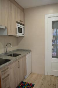 eine Küche mit einer Spüle und einer Mikrowelle in der Unterkunft B&B LOS LLANOS in Estella