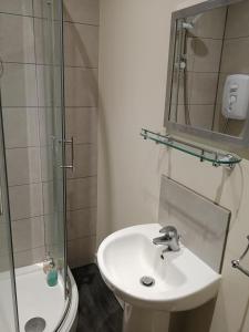 a bathroom with a sink and a shower at Robinhill Garden in Forres