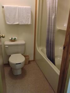 uma casa de banho com um WC e um chuveiro em The Ranchland Inn Kamloops em Kamloops