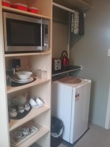 a kitchen with a microwave and a refrigerator at Alfred's@115 in Blenheim