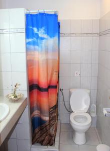 a bathroom with a toilet and a shower curtain at Cozy Asprovalta Home by the Sea in Asprovalta