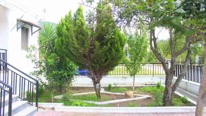 a tree in a garden next to a building at Cozy Asprovalta Home by the Sea in Asprovalta