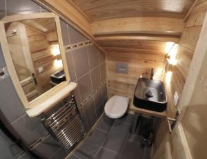 a small bathroom with a sink and a toilet at Serre Che Chalet in Briançon