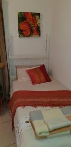 una cama con almohadas rojas y blancas y una pintura en Kleineweide Boutique Estate, en Pretoria