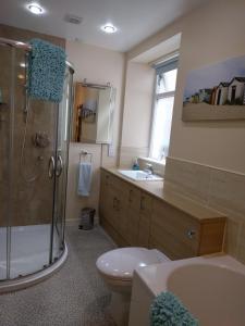 a bathroom with a shower and a toilet and a sink at Sandend Cottage in Banff