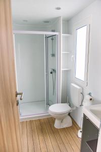 ein Bad mit einer Dusche, einem WC und einem Waschbecken in der Unterkunft Vännäs bad & camping in Vännäs