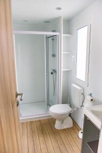 a bathroom with a shower and a toilet and a sink at Vännäs bad & camping in Vännäs