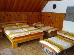 two beds in a room with wooden walls at Sklep u Kunických in Vracov