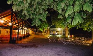 un edificio con un montón de mesas y árboles por la noche en Wirgarten Antik Hotel, en Dingolfing