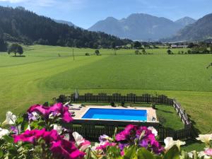 a swimming pool in a green field with flowers at Urlaub am Bauernhof Rothof in Sankt Johann im Pongau
