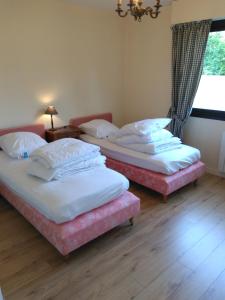 3 camas en una habitación con suelo de madera y ventana en Appartements Blonville Centre (2 ou 3 chambres) en Blonville-sur-Mer