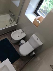 a bathroom with a toilet and a sink and a mirror at Casa de Paulus - Gerês in Geres +11 photos
